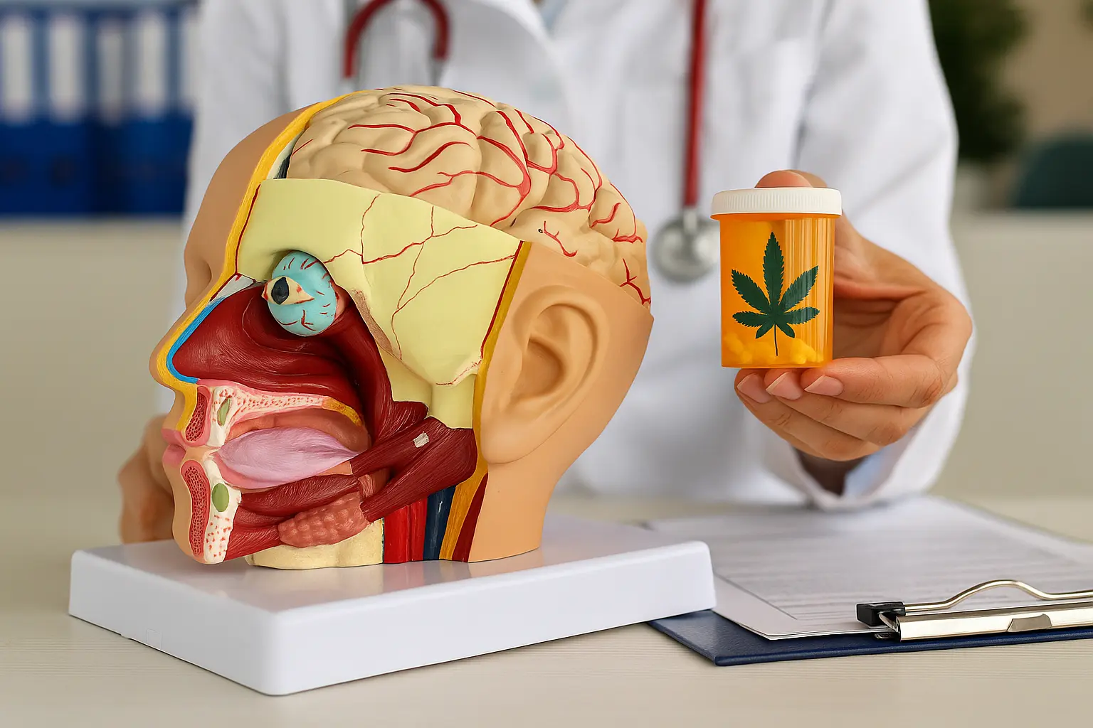 Medical professional holding a prescription bottle with a cannabis leaf symbol next to a human head model, representing the effects of marijuana on the brain and treatment options at Siam Rehab.
