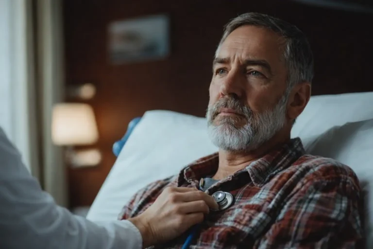 Doctor checking the heart beat of a serious middle-aged man in a hospital bed with a stethoscope, representing medical evaluation during addiction recovery.