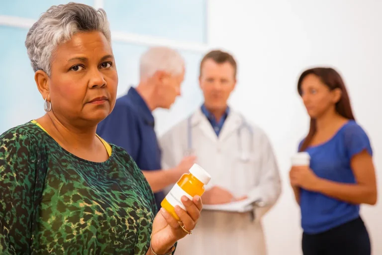 Individual holding a medication container in a clinical review setting with staff in the background.