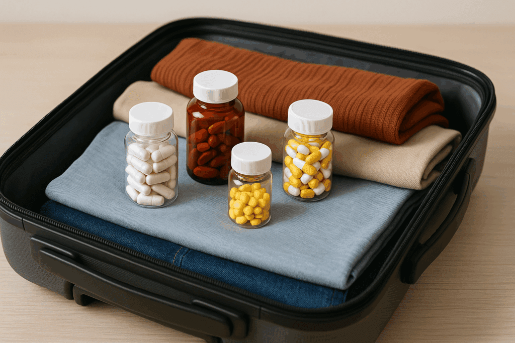 An open suitcase with jars of pills on top of folded clothes, representing travel with medication.