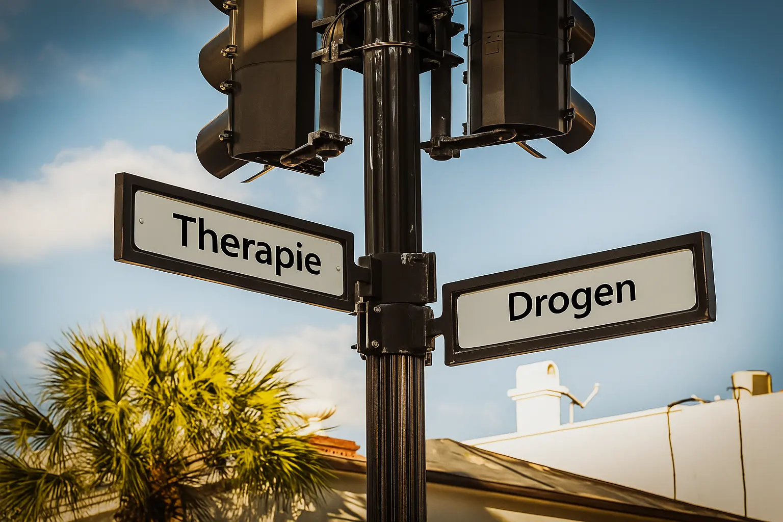 Street signs reading “Therapie” and “Drogen” — symbol of the choice between addiction and treatment at Siam Rehab