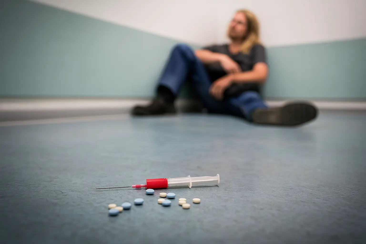 A syringe and scattered pills on the floor with a person sitting against the wall in the background, symbolizing drug dependence and the struggles of addiction, highlighting the need for rehabilitation at Siam Rehab.