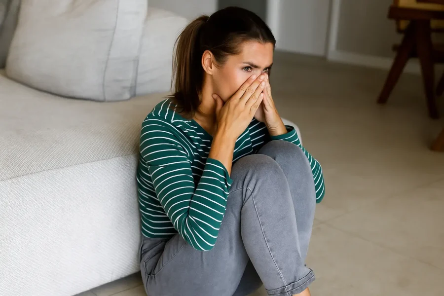 Distressed woman sitting on the floor with her hands covering her face, reflecting the emotional burden of opioid addiction.