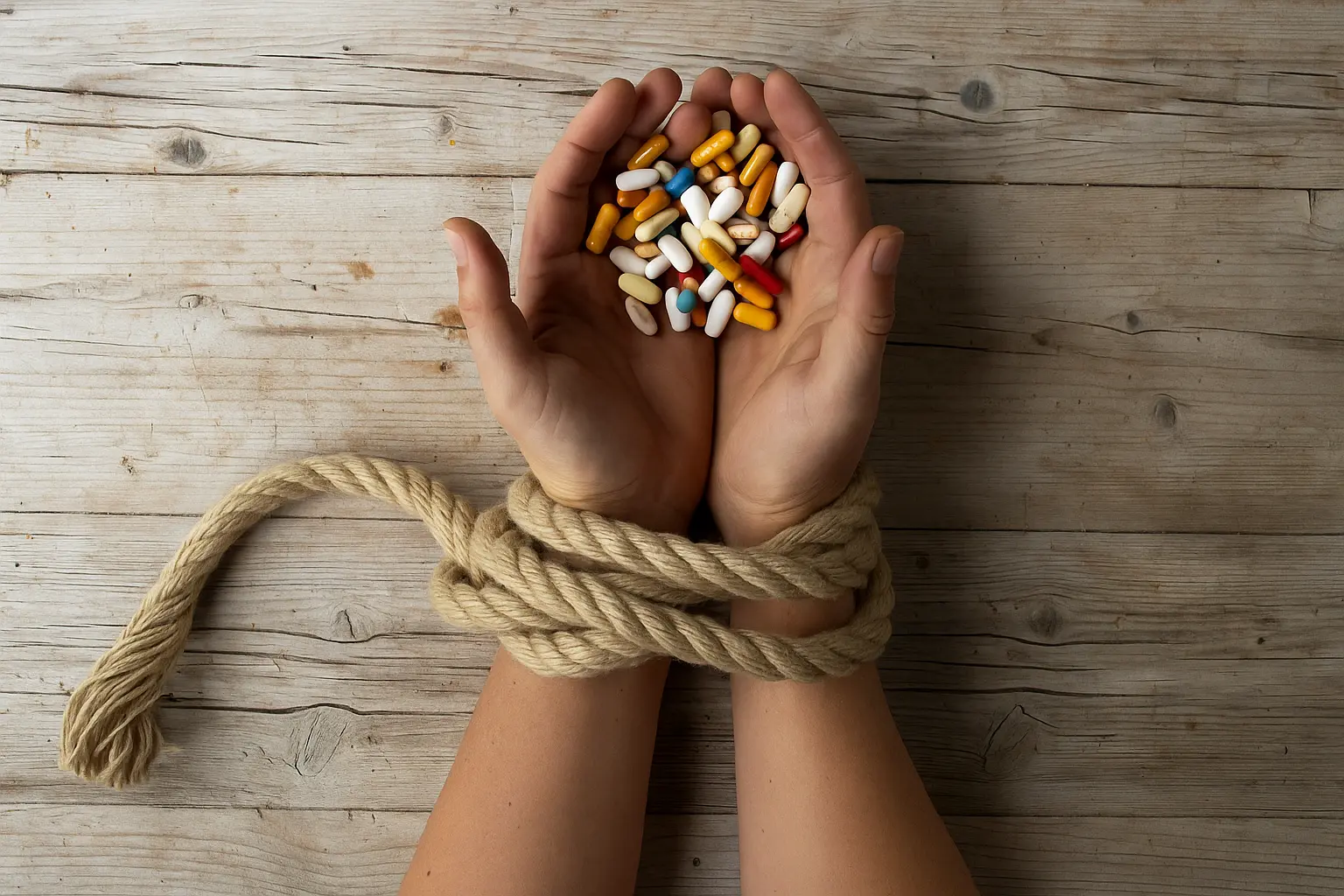 Hands tied with rope holding a pile of colorful pills, symbolizing the feeling of being trapped by drug addiction and the urgent need for recovery support at Siam Rehab.