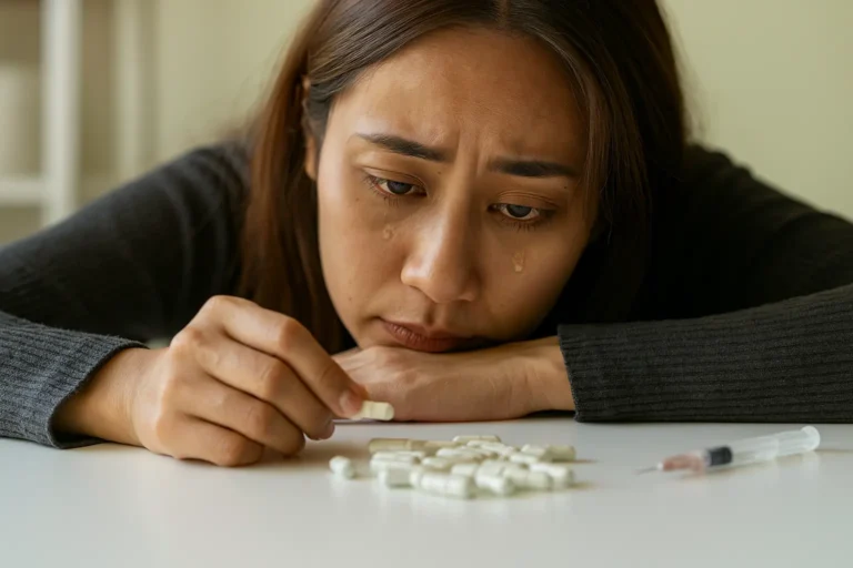 A distressed woman with tears on her face looks at a pile of prescription pills and a syringe on a table, symbolizing the struggle of drug addiction and emotional pain, highlighting the need for compassionate recovery support at Siam Rehab.