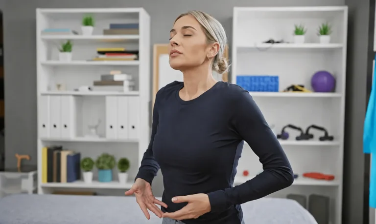 Kvinna övar mindfulness och andningsövningar i ett träningsrum - illustration av strukturerad återhämtning vid privat beroendebehandling