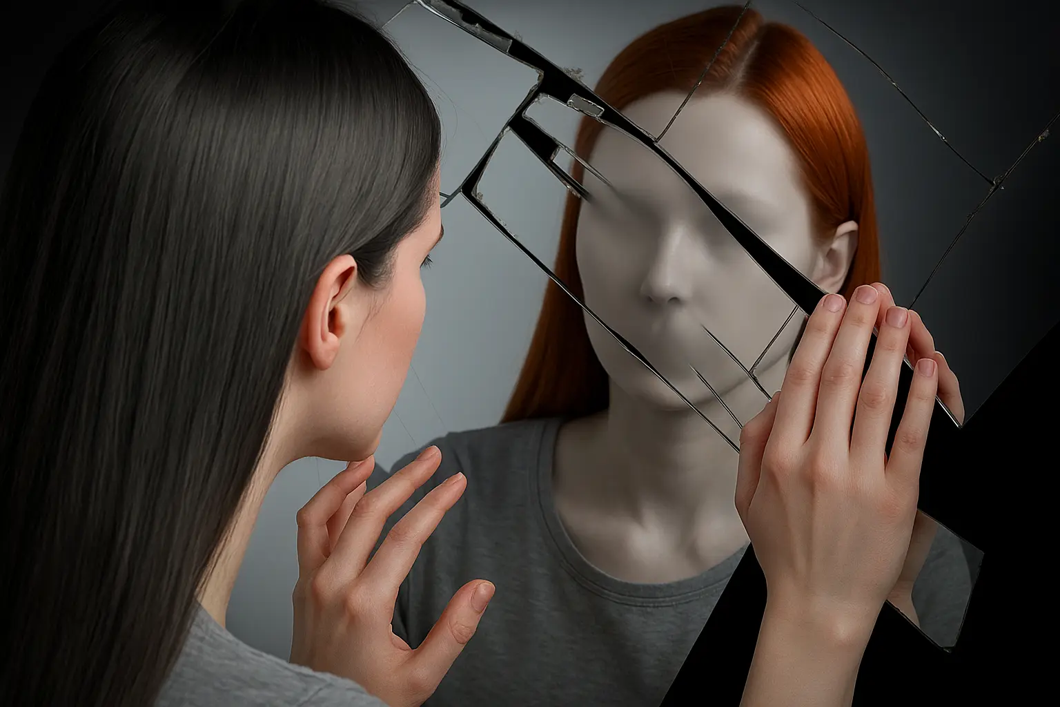 A woman looks into a cracked mirror where her reflection appears faceless, symbolizing identity loss and inner struggles often linked to addiction and mental health challenges treated at Siam Rehab.