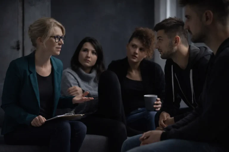 A clinical facilitator in a blazer leads a group therapy session with individuals wearing casual, neutral-colored clothing suitable for a residential recovery environment.