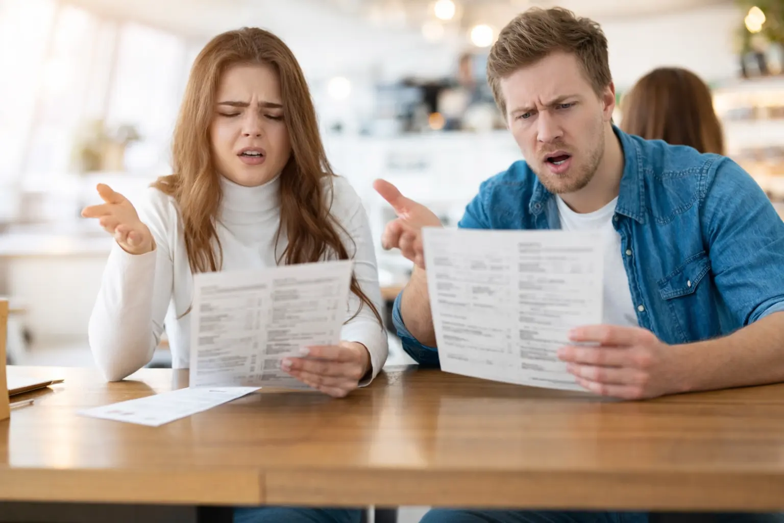 Couple reviewing rehab cost documents with concerned expressions while comparing treatment prices