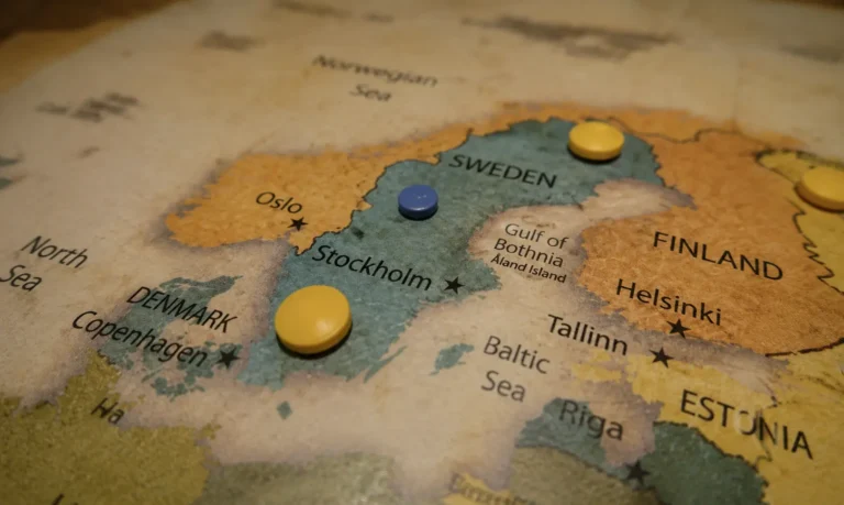 Vintage map of Scandinavia with pins marking Sweden, Denmark, Norway and Finland, illustrating the region served by Siam Rehab Thailand