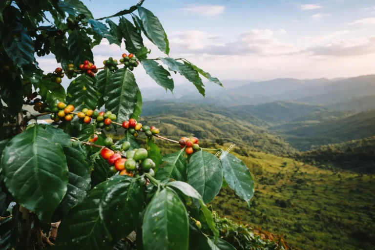 A coffee plant with green and red berries in front of a rolling green hillside, illustrating a tranquil environment for addiction recovery.