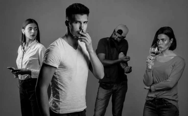 Four adults in a staged studio photograph each showing signs of substance use, representing addiction patterns common among Scandinavians seeking treatment abroad