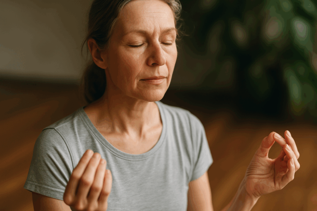 Frau aus dem DACH-Raum in Meditation während Yoga, Chiang Rai, Siam Rehab