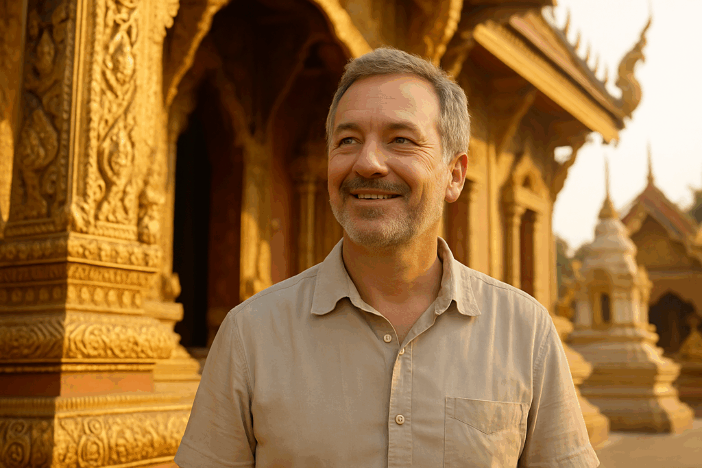 Mann aus dem DACH-Raum besucht Tempel in Chiang Rai, Lächeln, Siam Rehab