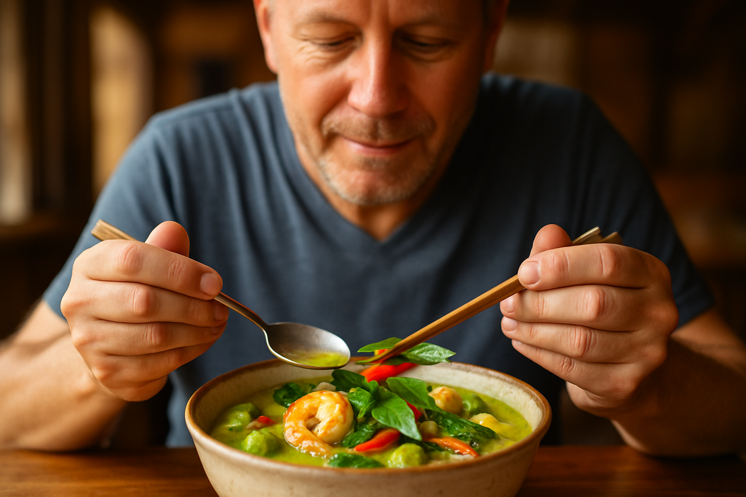 Mann aus dem DACH-Raum genießt frisches Thai-Curry, Siam Rehab