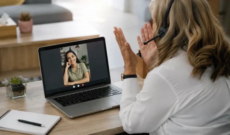 Client attending a telehealth aftercare session by video call