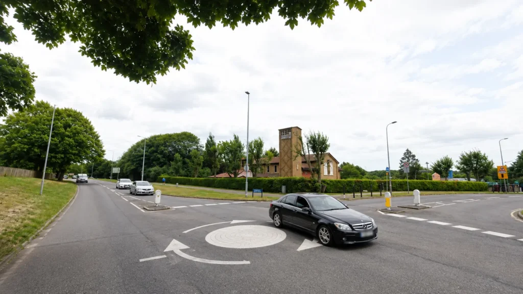 Mini-roundabout on a residential road in Stevenage, Hertfordshire