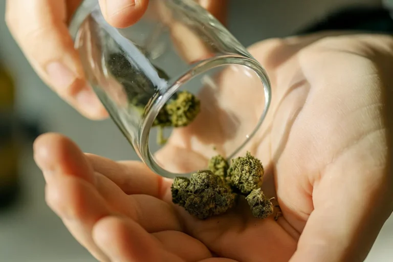 Hands holding plant material being poured from a glass container during a handling observation.