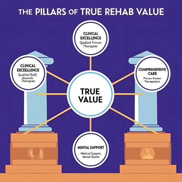 Diagram showing core components contributing to the true value of drug treatment: Clinical Excellence (qualified staff, evidence-based therapies), Comprehensive Care (medical, psychological, holistic), Supportive Environment (location, peer support, staff ratio), and Long-Term Outcome Focus (aftercare, relapse prevention).