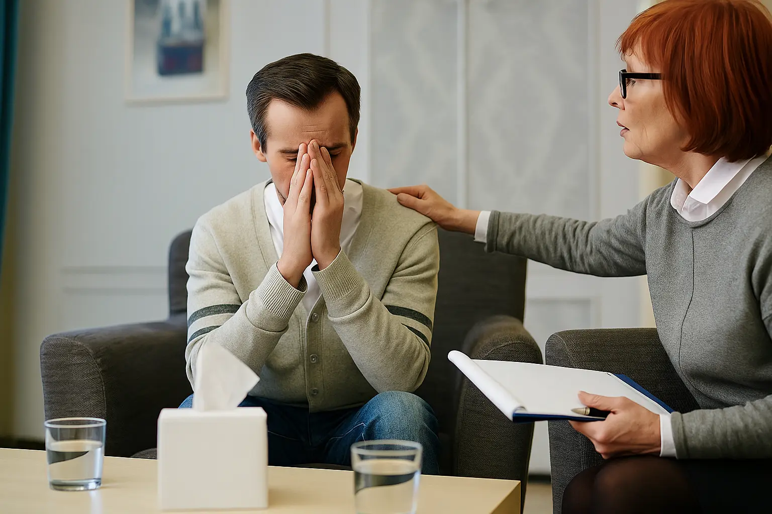 A man sits with his face in his hands, showing emotional distress, while a therapist gently places a hand on his shoulder, symbolizing compassionate addiction and mental health support at Siam Rehab.