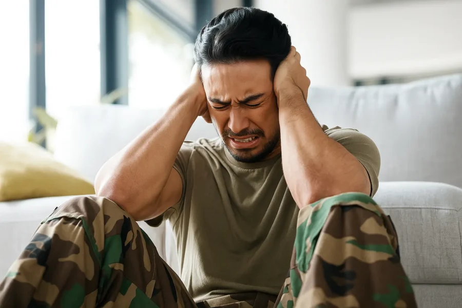 Distressed man in military clothing holding his head, showing signs of trauma and PTSD