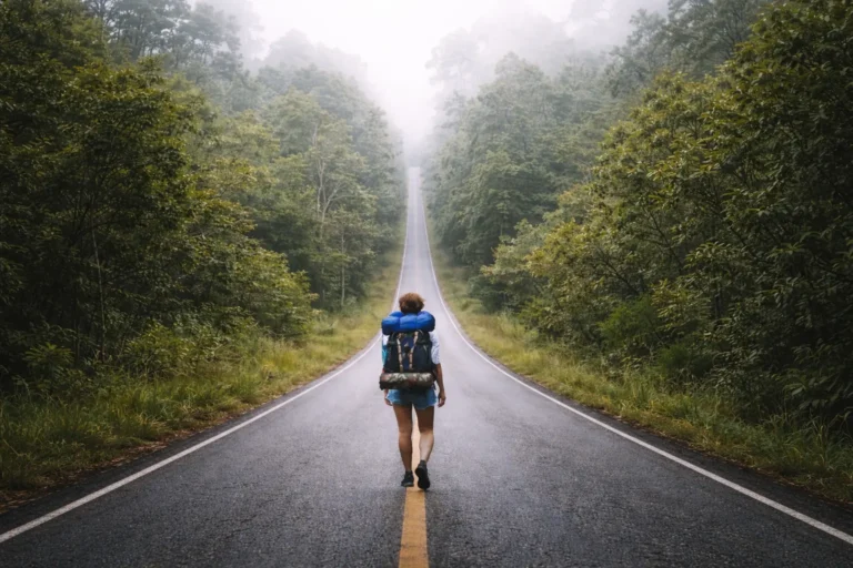 A lone person with a large backpack walks down the center of a long, straight road into a misty forest.