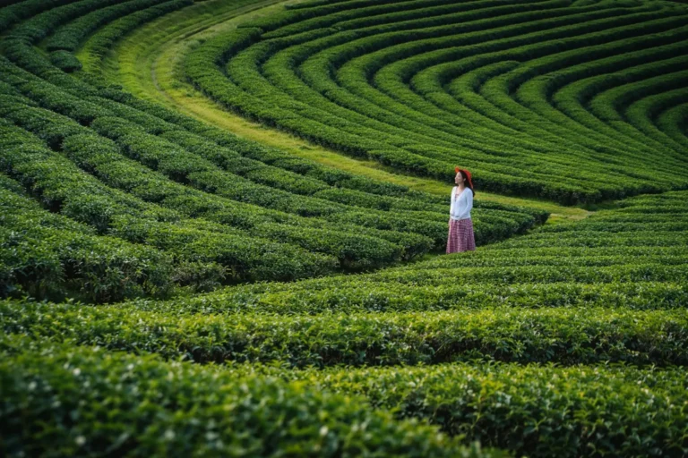 A woman wearing a red hat and white cardigan stands among curved rows of green tea bushes on a terraced hill.